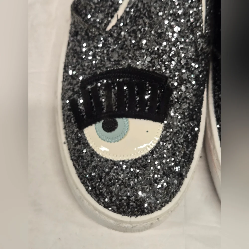 NEW‎ Chiara FerragniDark Grey Glitter Flirting Wink Eye Leather Sneakers SZ 36